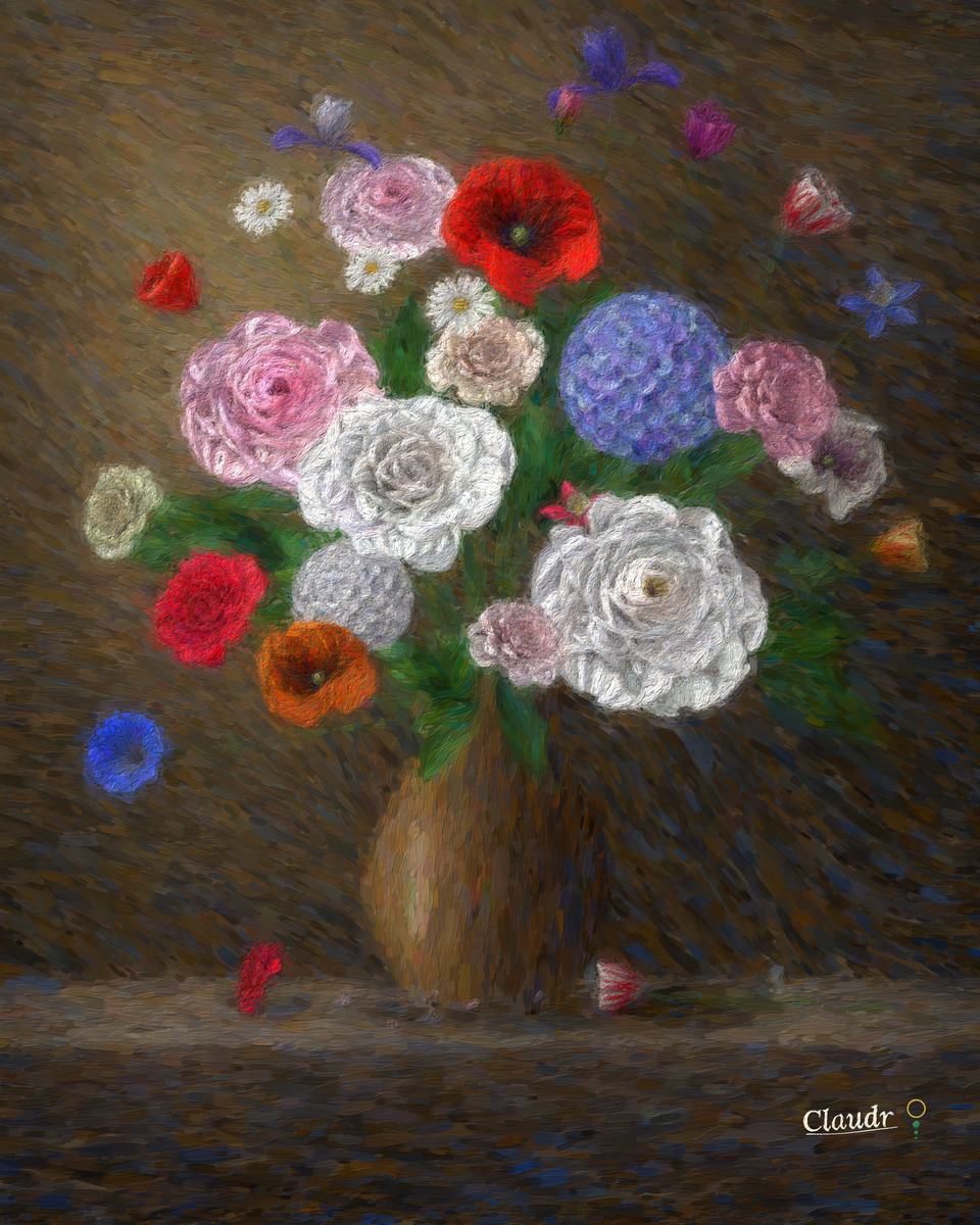 A sumptuous bouquet of roses, flamed tulips, peonies, irises, poppies and a blue hydrangea spills in an S-curve from a bronze urn on a stone ledge against a dark warm background; a fallen tulip, a rose and loose petals lie on the ledge, and a bee has landed beside them.