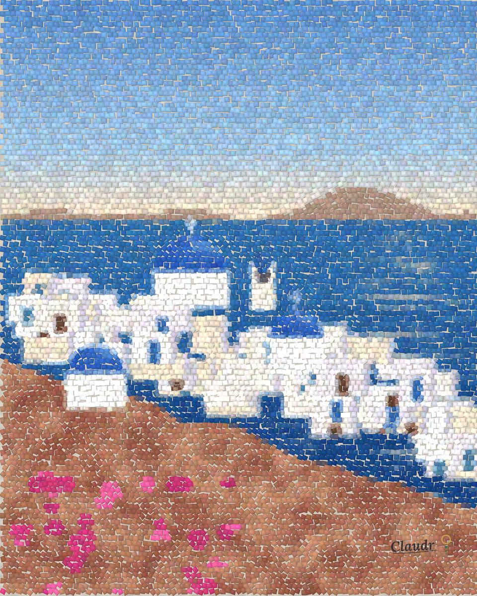A mosaic of Oia on Santorini: white houses and three blue domes stepping down the cliff above the deep blue Aegean, a bell tower, pink bougainvillea, and the volcanic islands across the flooded caldera in the evening light.