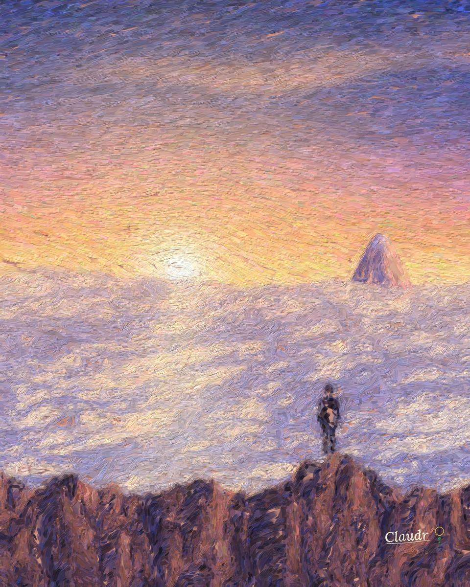 From a high summit at dawn, a sea of cloud stretches to the horizon in gold and violet; the sun is just rising out of it, one far peak breaks through, and a lone figure stands on the dark rocks watching.