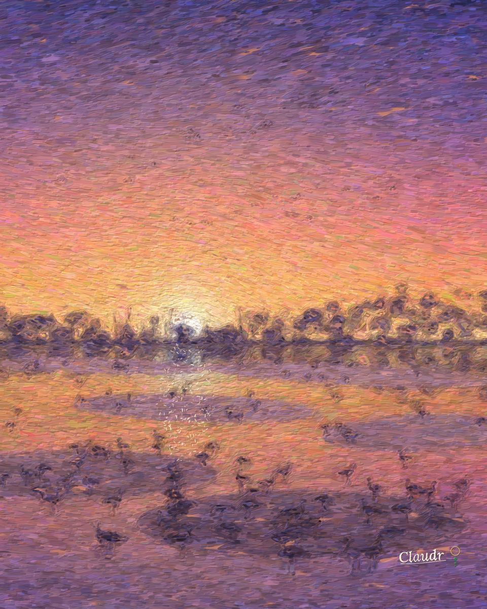 Sunset over the Platte River in Nebraska: long lines of sandhill cranes fly in across an orange sky and hundreds stand on the sandbars of the shallow braided river, which mirrors the sun setting behind the cottonwoods.
