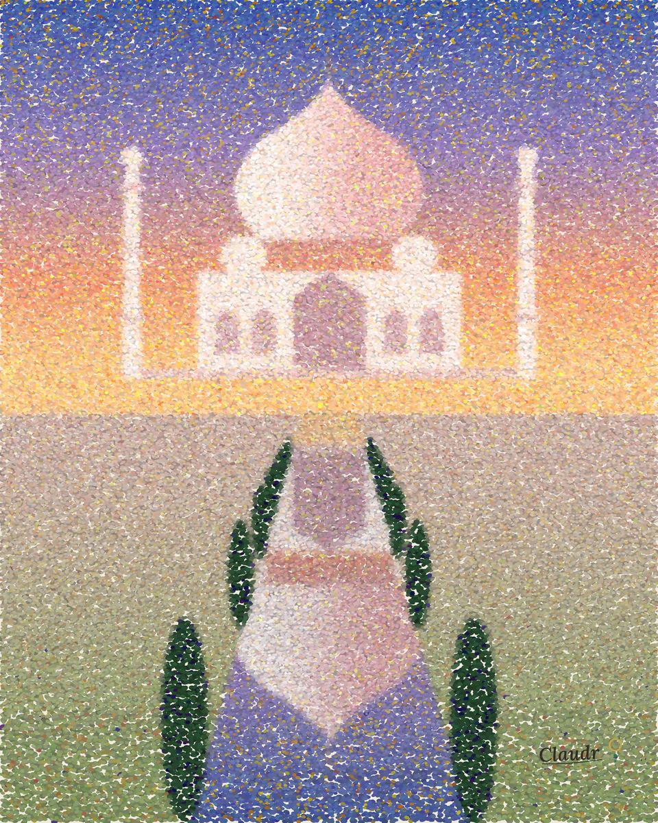 A pointillist painting of the Taj Mahal at dawn, its marble dome and minarets pink against a rose and gold sky, mirrored in the long reflecting pool between rows of dark cypress trees.