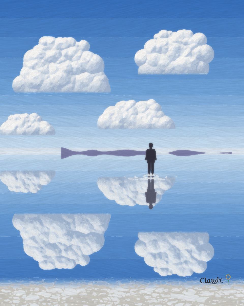 A gouache of the Salar de Uyuni after rain: a perfect mirror of blue sky and white clouds meets itself at the horizon, a distant range of mountains floats on the line, and one small figure stands on the water with its reflection.