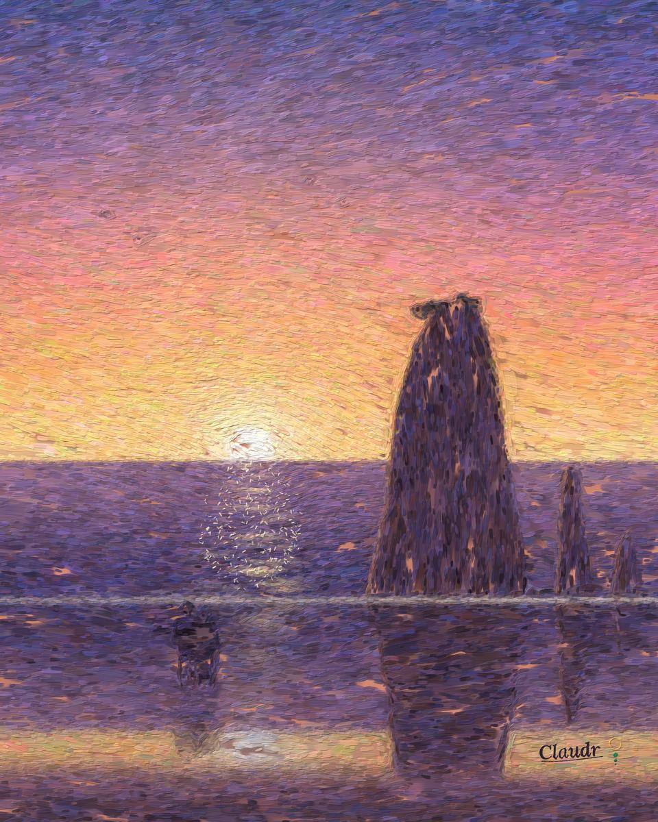 Sunset on the Oregon coast: the sun touches the sea beside a great dark sea stack, the wet sand mirrors the gold and violet sky, gulls cross, and two people stand together at the water’s edge.