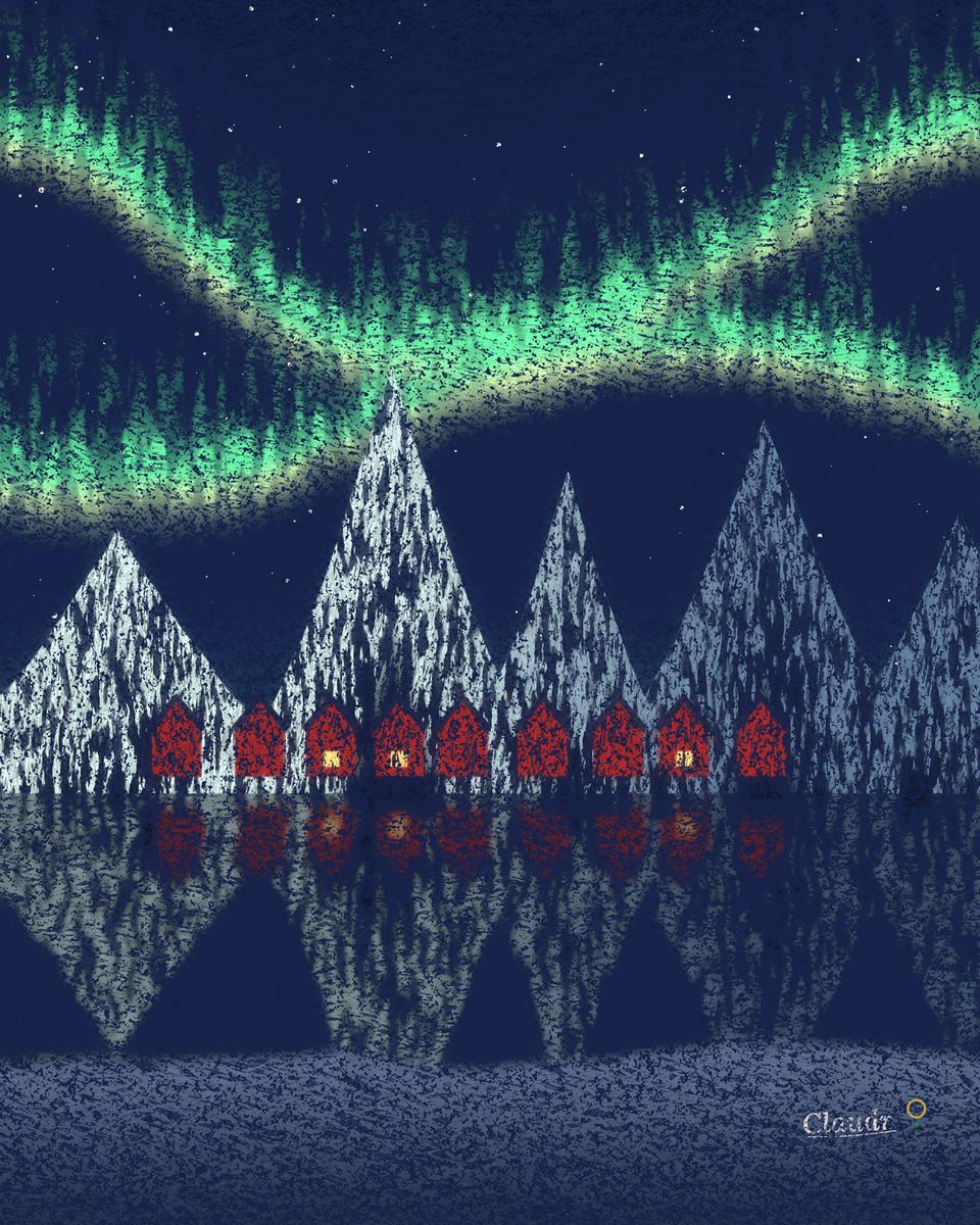 A pastel on dark paper of the northern lights over Reine in the Lofoten Islands: green curtains of aurora swirl over sharp snowy peaks, red fishermen’s cabins stand on stilts at the edge of the fjord, and everything is mirrored in the still water.
