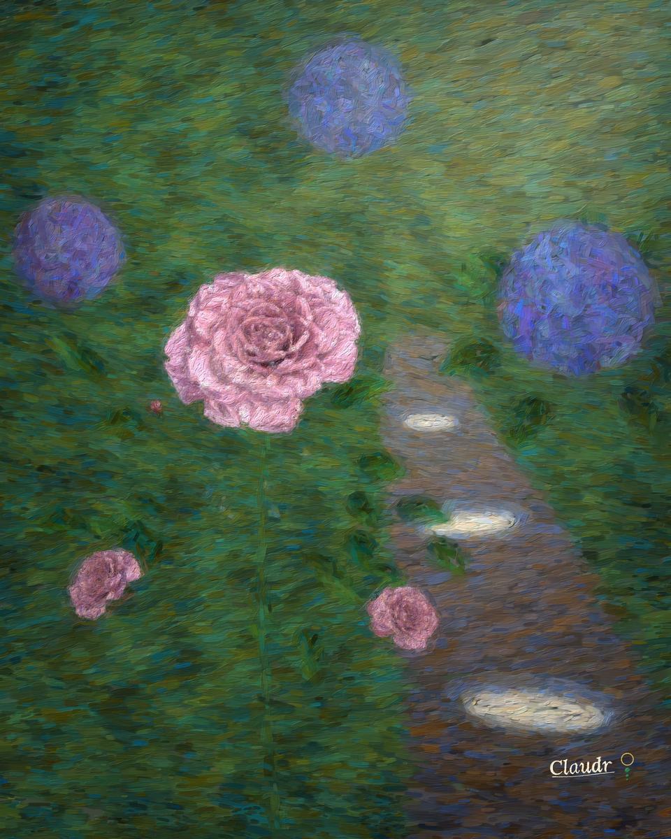 A garden just after rain: big blue hydrangeas and wet pink roses beaded with drops beside a flagstone path, puddles mirroring a clearing sky as the sun breaks through grey clouds.
