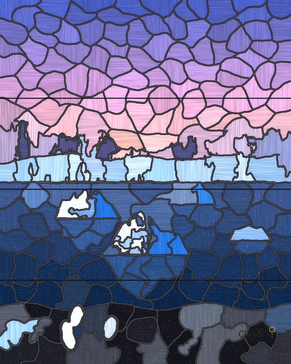 A stained glass window of Jökulsárlón: blue and white icebergs float in a dark lagoon under a soft pink midnight sky, the glacier and mountains lie behind, and chunks of ice glitter on a black sand shore in front.