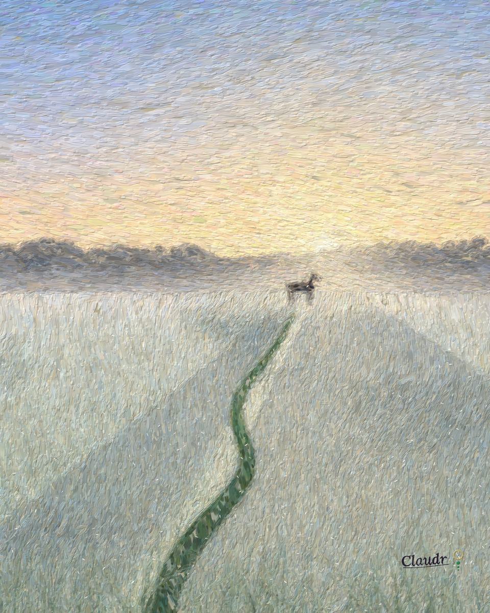 A meadow silvered with dew at sunrise; a dark trail winds through the wet grass to the edge of the woods, where a deer stands backlit by the low sun in the morning mist.
