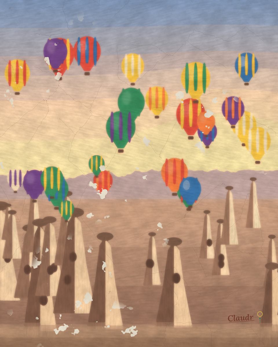 A fresco of Cappadocia at sunrise: dozens of hot-air balloons in red, yellow and blue rise over a valley of pale fairy chimneys and carved rock dwellings, the sun just up behind the far ridge.