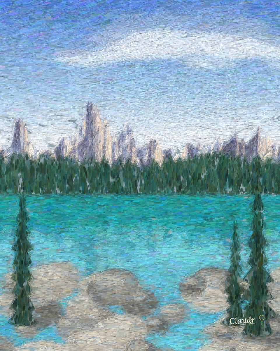 An oil painting of Moraine Lake: a row of jagged snowy peaks in morning light, dark forest at their feet, the lake an intense turquoise mirroring them, and a pile of boulders with a few pines in the foreground.