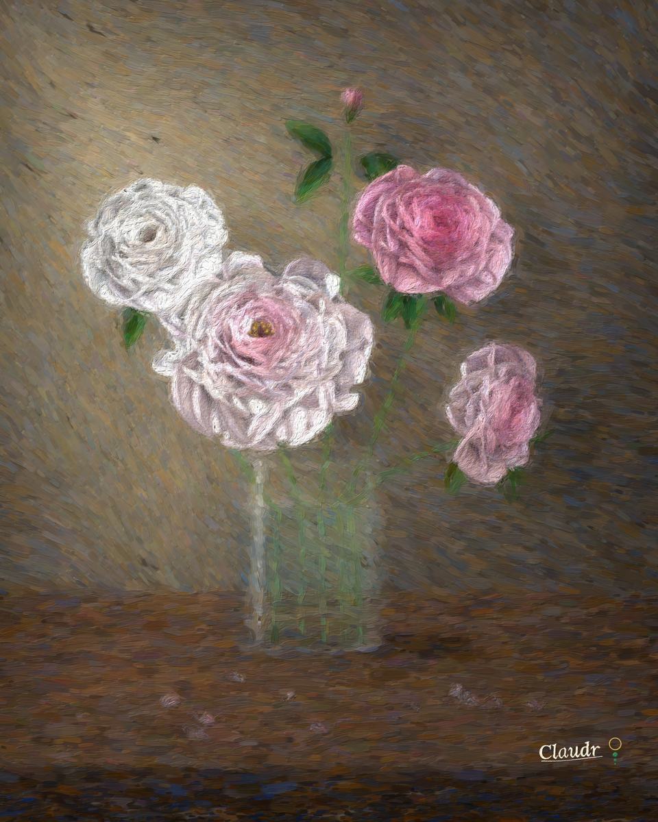 Pink and white peonies in a clear glass jar on a dark wooden table against a warm grey wall, lit from the left; the largest bloom has opened all the way and is beginning to shed, and its petals lie on the table.