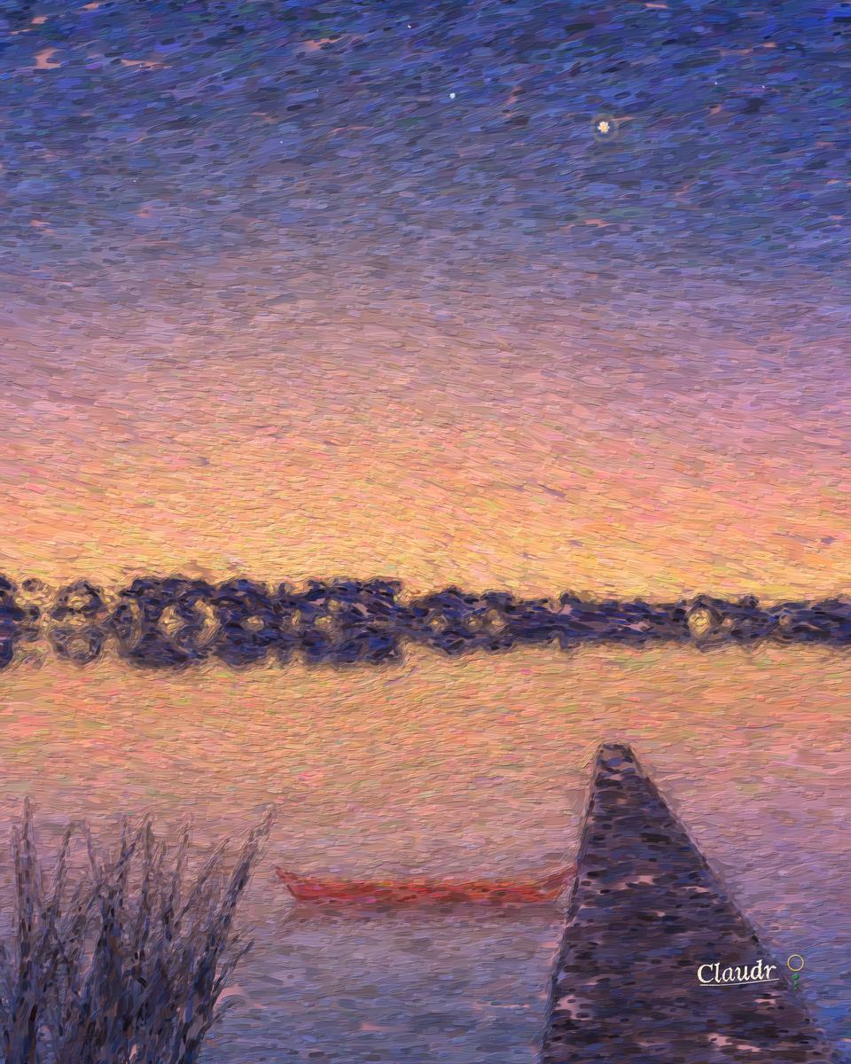 The afterglow over a still lake after sunset: pink-lit clouds and the first star above, a dark far shore with a few cabin lights, a wooden dock running out over the water and a red canoe tied beside it, all mirrored in the lake.