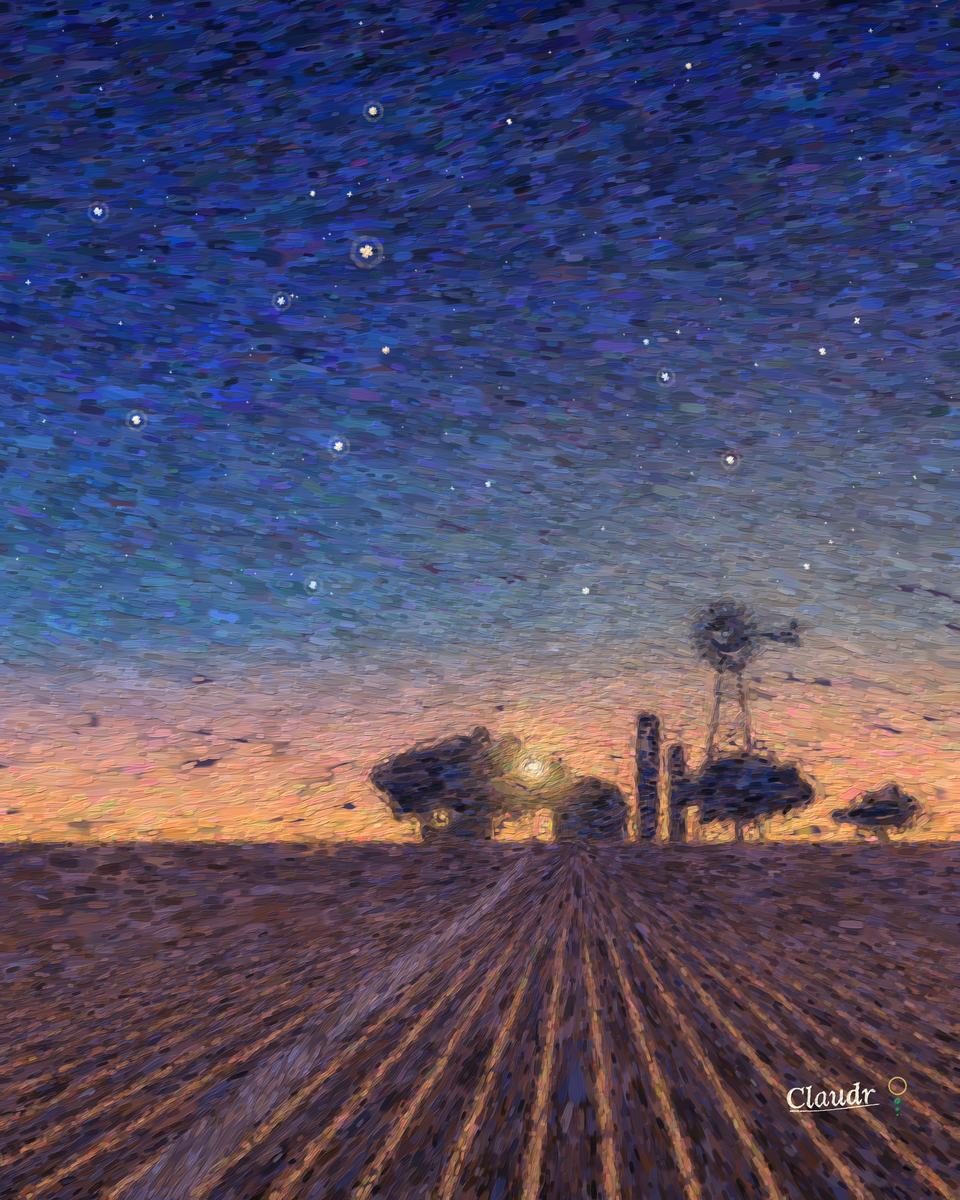 Before sunrise on an Iowa farm: a barn, a silo, a windmill and a farmhouse with one lit window stand dark against an orange horizon under a deep blue sky, the yard light glows amber, and Venus shines high above.