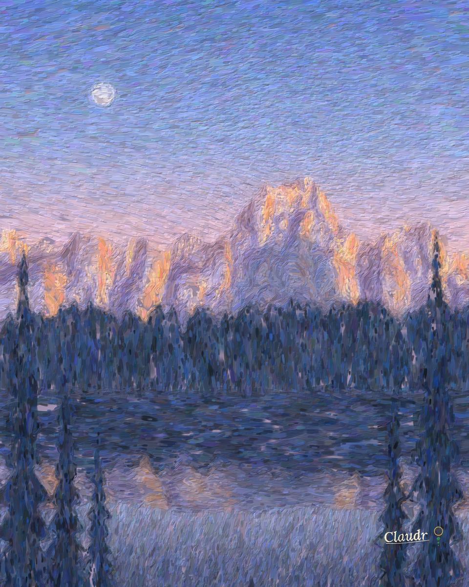 First light strikes the snow-streaked summit of a Colorado peak in orange and rose while the valley, the forest and the still lake below are still in cold blue shadow; a pale moon is setting in the morning sky.