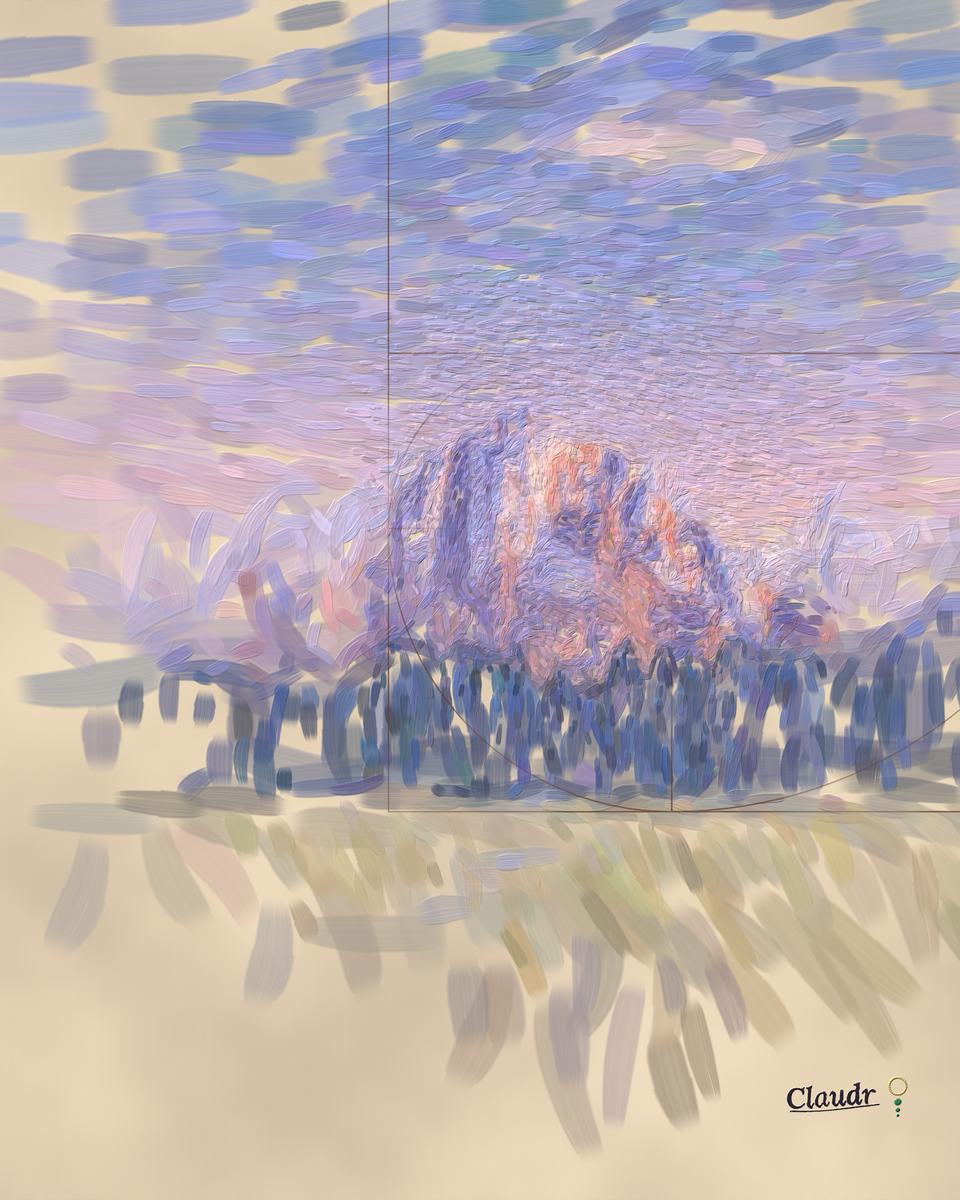 A painting of a mountain at alpenglow that is only fully painted where the eye lands: the pink peak at the golden section is dense with brushwork, while the sky, forest and meadow dissolve outward into loose strokes, bare canvas and the faint lines of a golden-ratio construction.