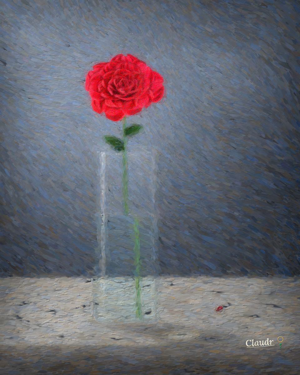 A single deep red rose stands in a tall clear glass of water on a white marble ledge against a dark slate wall; below the waterline its stem appears shifted and thickened by refraction, and a bright caustic of light falls inside the glass's shadow.