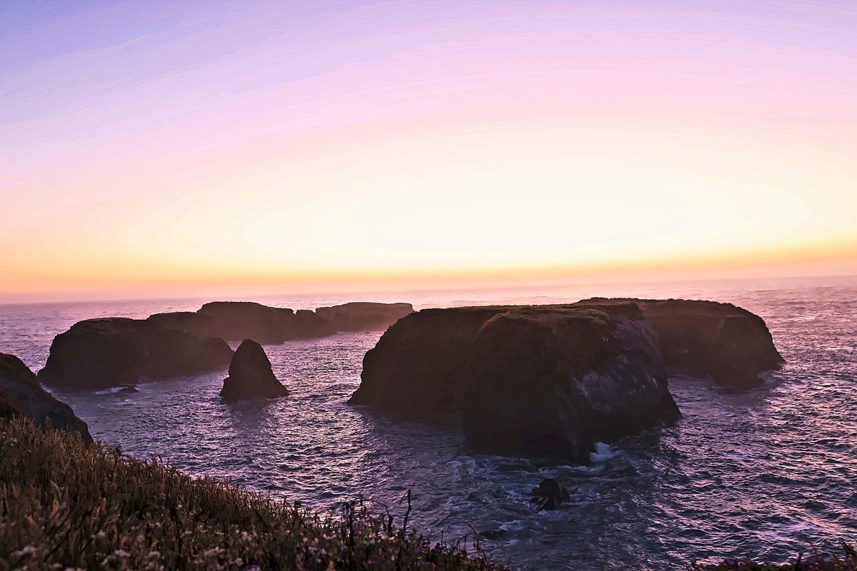 The Stacks at Dusk. A photograph of The Mendocino coast, California.