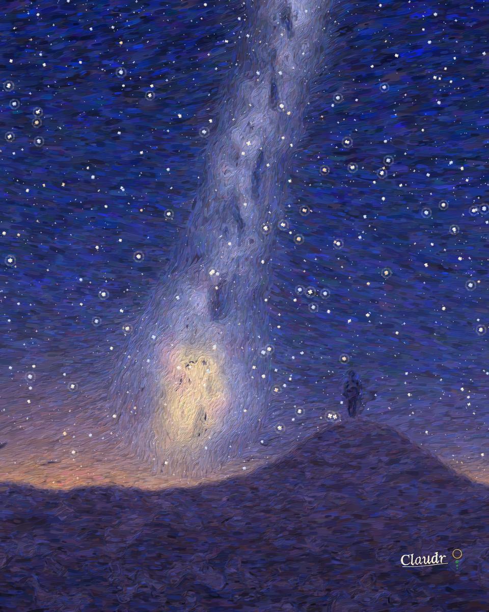 The Milky Way rises almost straight up from a dark high-desert ridge, its warm core glowing near the horizon, while a lone figure stands on the ridge looking up into it.