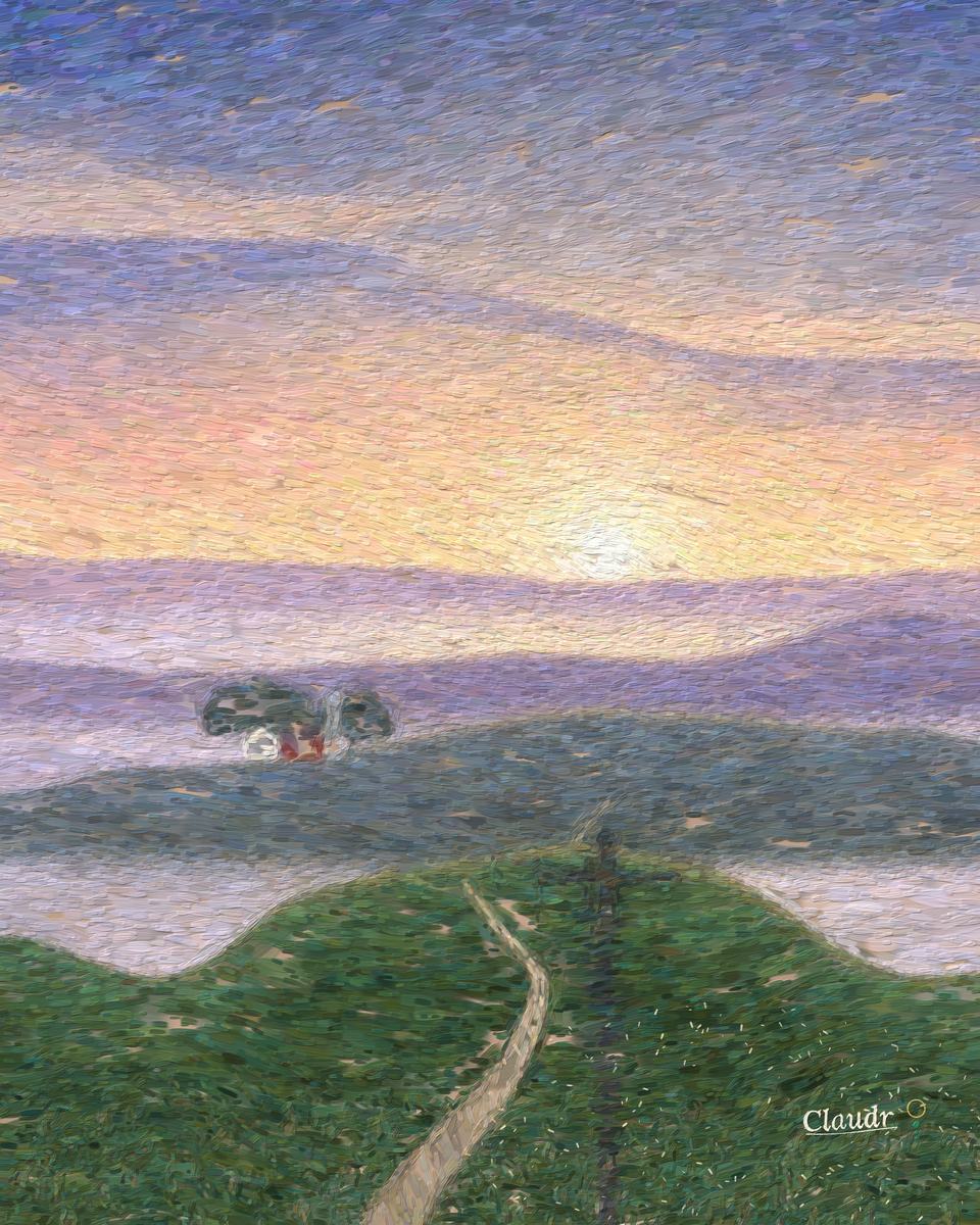 Rolling Iowa hills at sunrise with fog pooled in every valley; a gravel road climbs the near hill past a line of power poles, a farmstead with a barn and silo rises out of the fog, and the sun comes up over the far hills.