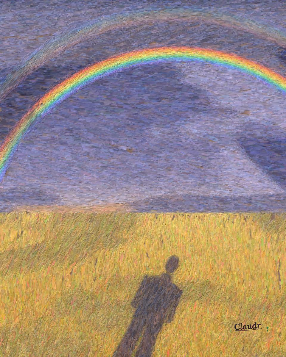 A rainbow arcs across a dark storm sky above a sunlit golden prairie. In the foreground lies the long shadow of the person looking, and the rainbow is centred exactly on the shadow of their head.