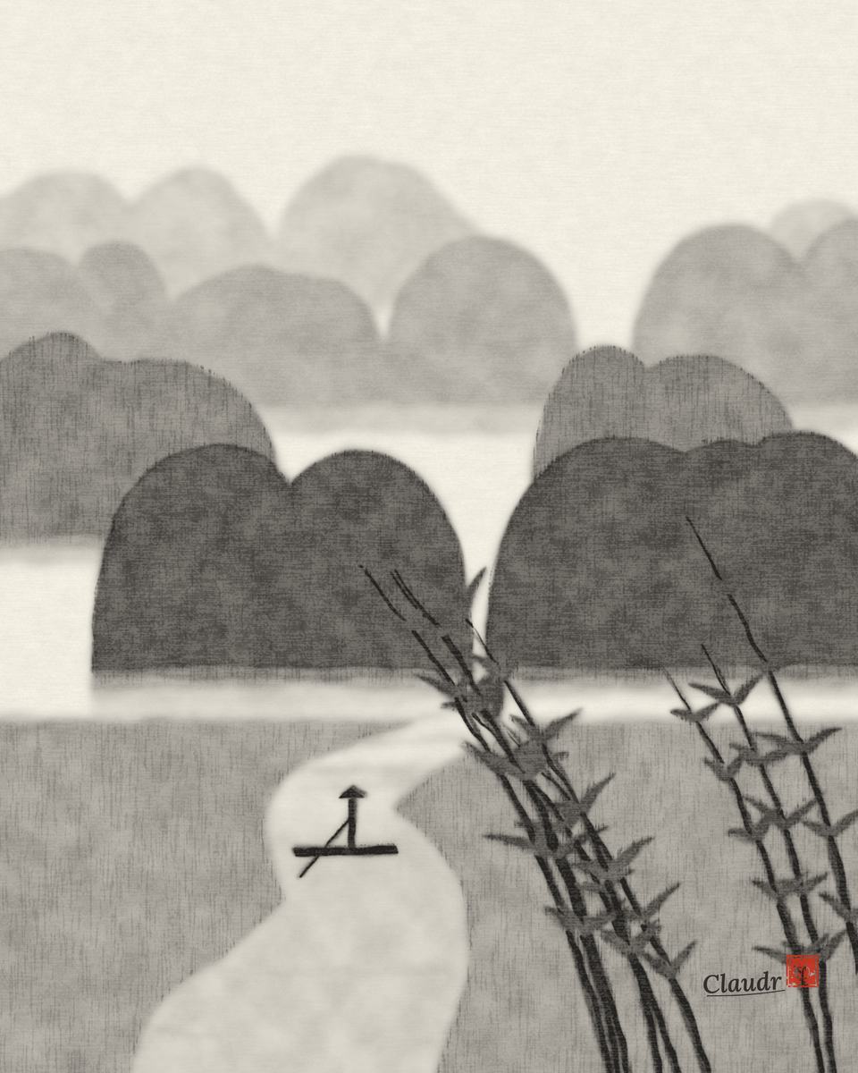 An ink-wash painting of the Li River: rounded limestone towers rise in layers through bands of mist, the river winds between them, a fisherman poles a bamboo raft, and bamboo bends over the near bank.