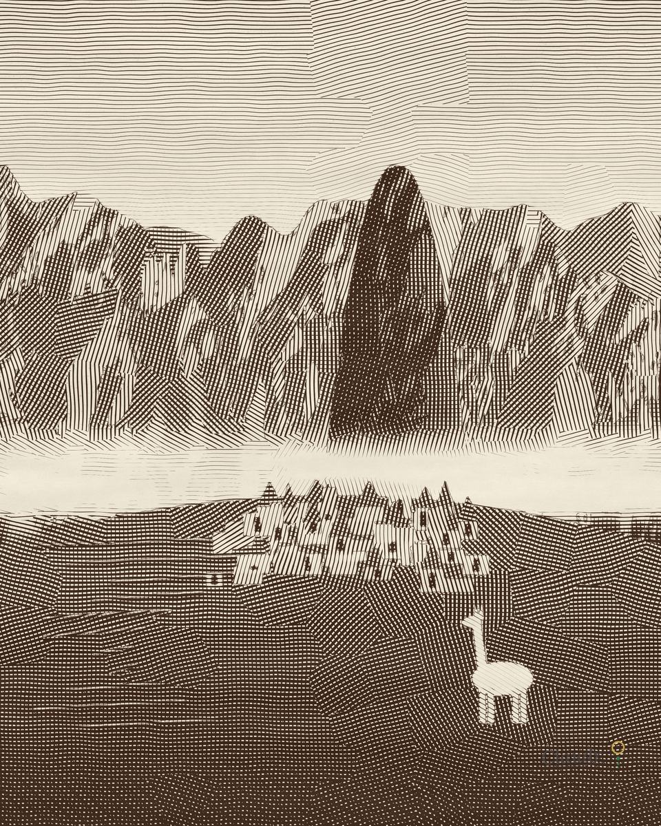 An etching of Machu Picchu: the stone city and its green terraces on a narrow ridge, the sugarloaf peak of Huayna Picchu rising behind, clouds lying in the valleys, ranges of mountains beyond, and a llama on a terrace in the foreground.