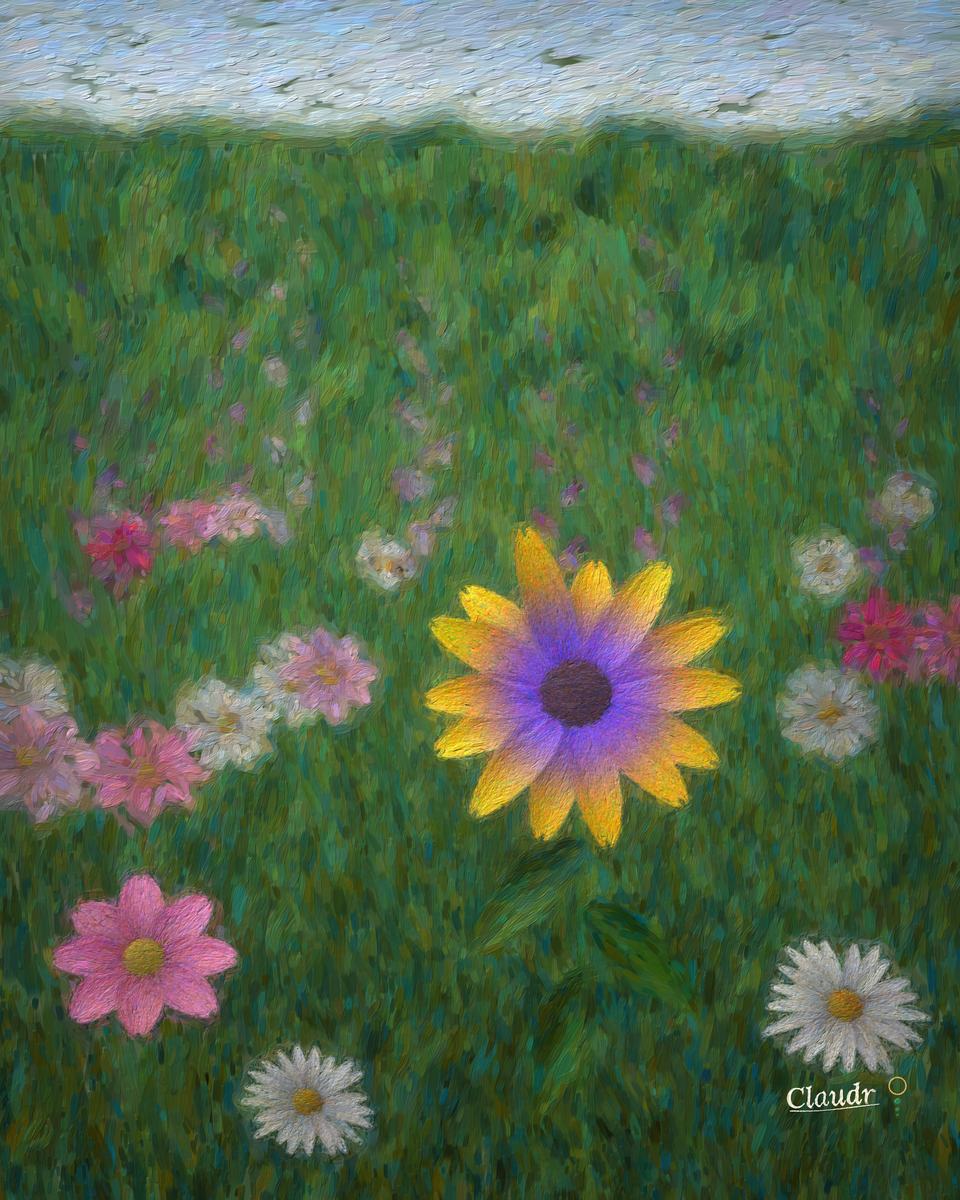 A summer cottage garden of foxgloves, cosmos and daisies, soft behind; in front, a large black-eyed Susan shows a glowing violet bullseye — the ultraviolet pattern bees see — as a bee flies in toward it.