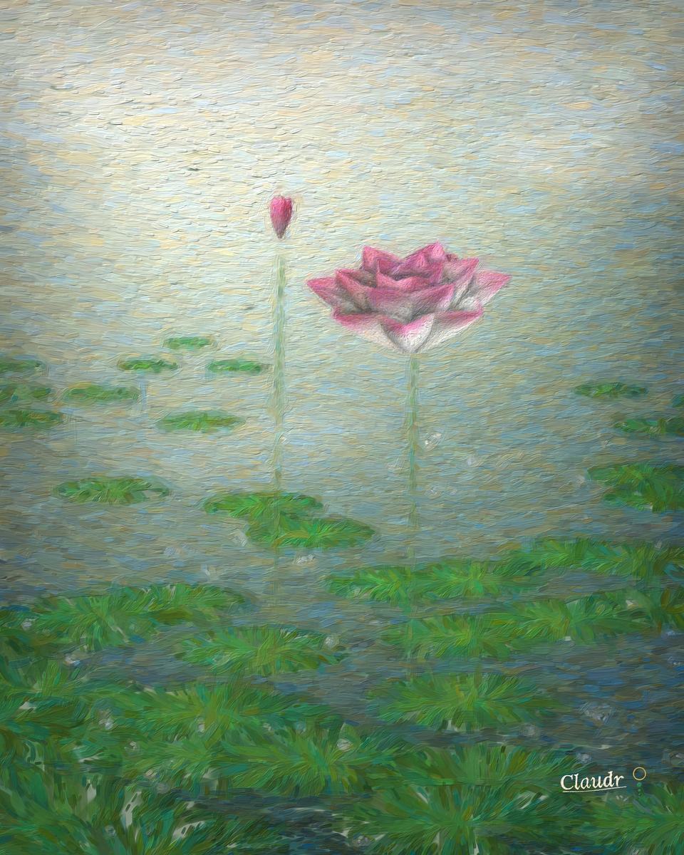 A pink lotus opens above a misty morning pond crowded with broad round leaves beaded with silver water drops, a closed bud on a taller stalk beside it, both mirrored in the still water.