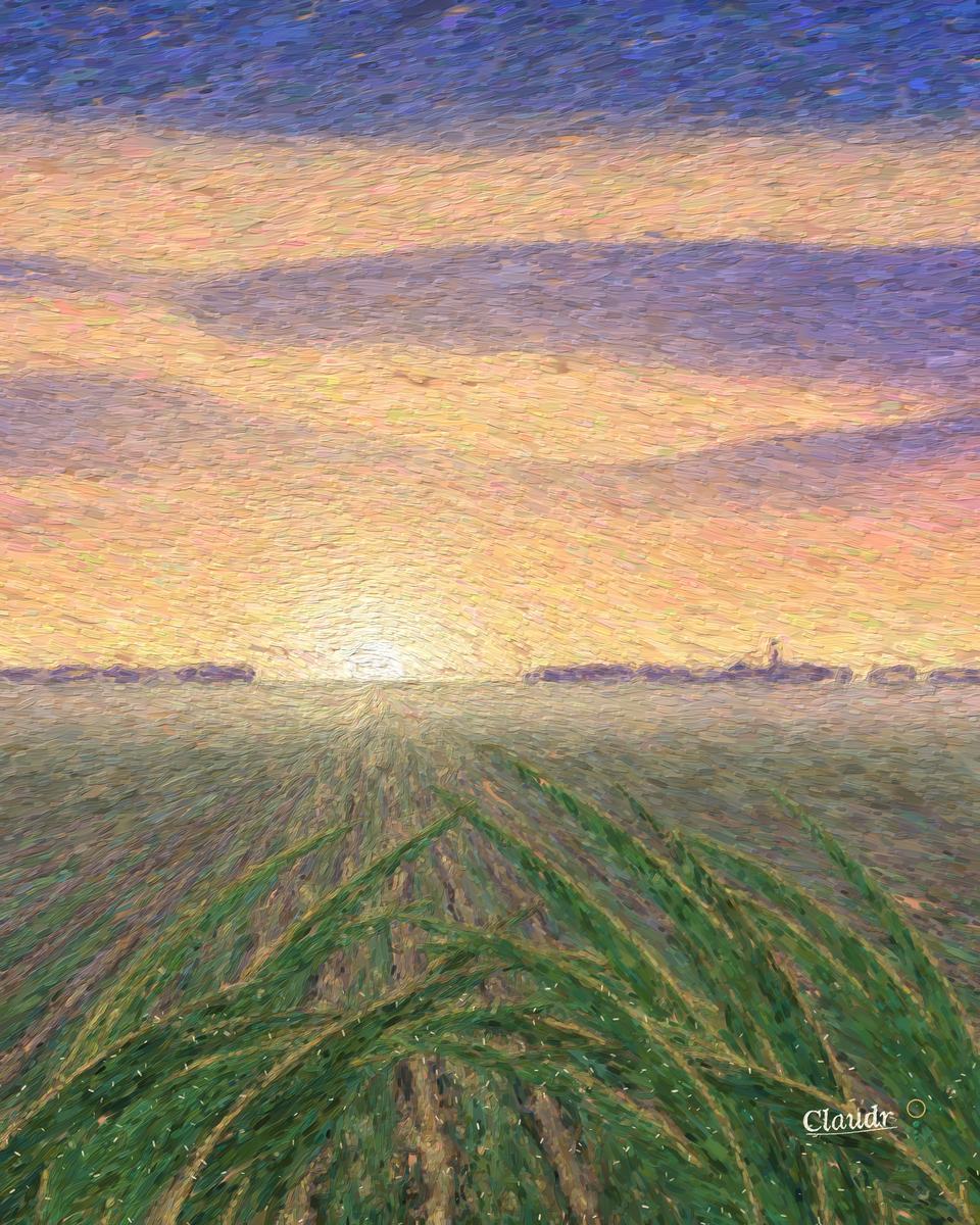 Sunrise over an Iowa cornfield in July: the rows run straight toward a low gold sun on a flat horizon, ground mist lies over the field, a farmstead and windbreak sit far off, and dew shines on the big corn leaves in the foreground.