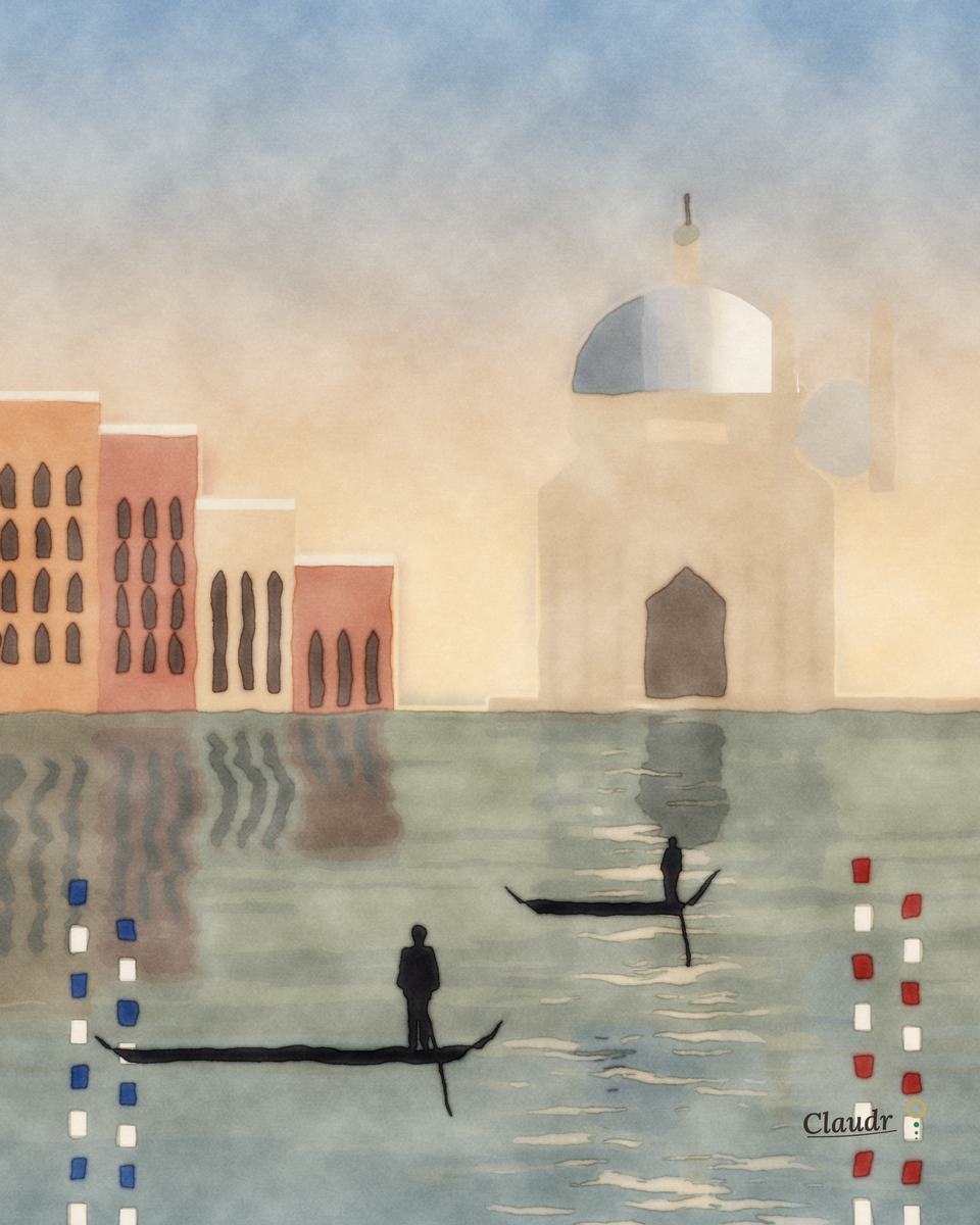 A watercolour of the Grand Canal in Venice at dawn: the great dome of Santa Maria della Salute on the right, palaces on the left, gondolas and striped mooring poles in the foreground, and the canal shining gold.