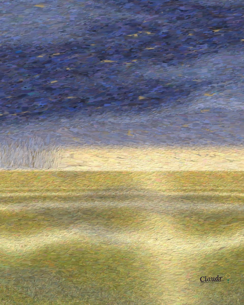 A storm shelf cloud over open prairie; wind sweeps the tall grass into rolling silver-gold waves like ocean swells, and one shaft of sunlight falls on the plain.