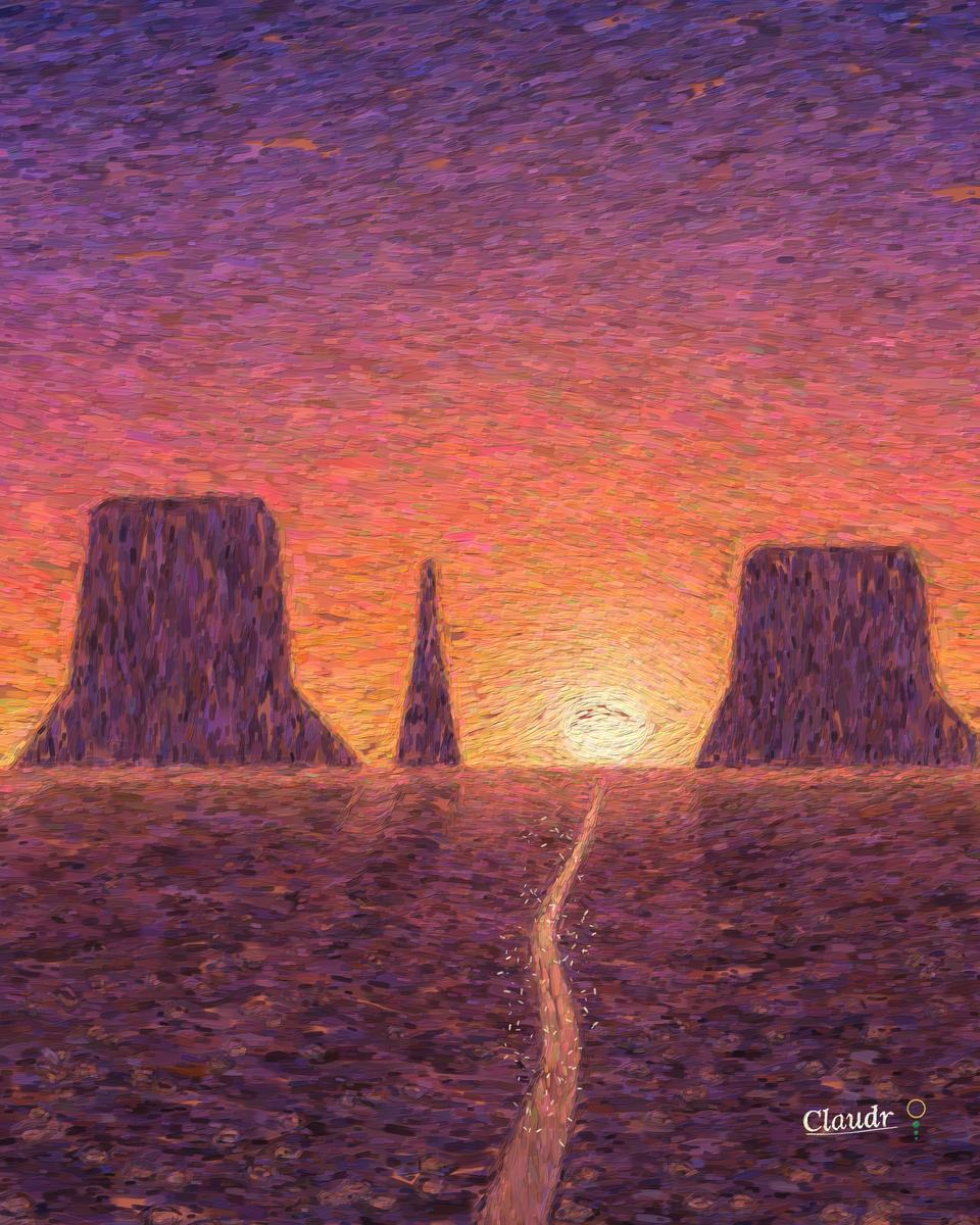 A red desert sunset behind sandstone buttes and a lone spire; the flattened sun sits just above the horizon, a dirt road catches its light, and long shadows reach across the desert floor toward you.