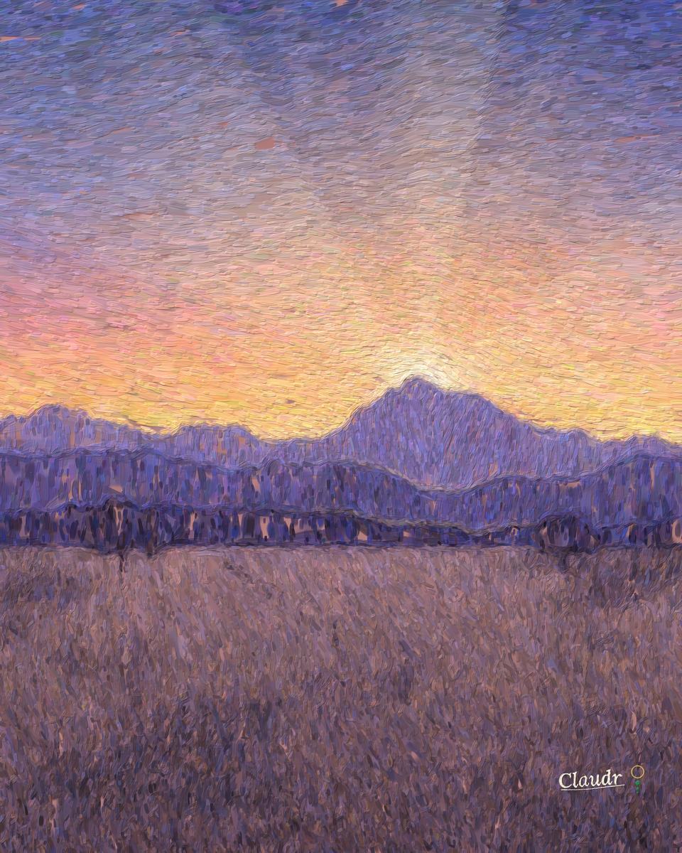 The sun has just set behind the Colorado Front Range: layered blue and violet ridges, rays of light and shadow fanning up from the highest peak into a gold sky, and the prairie below with cottonwoods and a fence line in the last light.