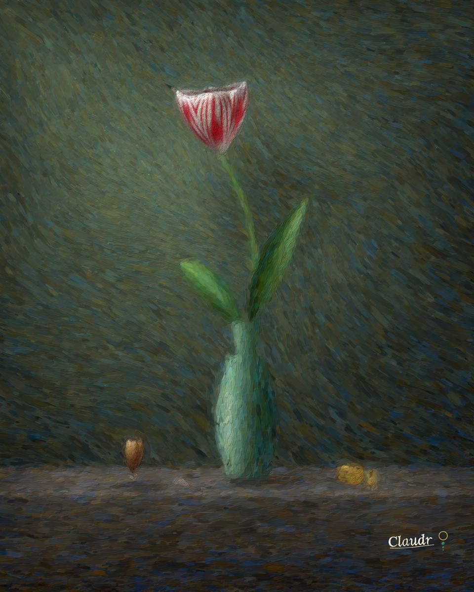 A single white tulip flamed with crimson rises from a slim green glass bottle on a stone ledge against a dark background, beside a papery tulip bulb, a small stack of gold coins and one fallen flamed petal.
