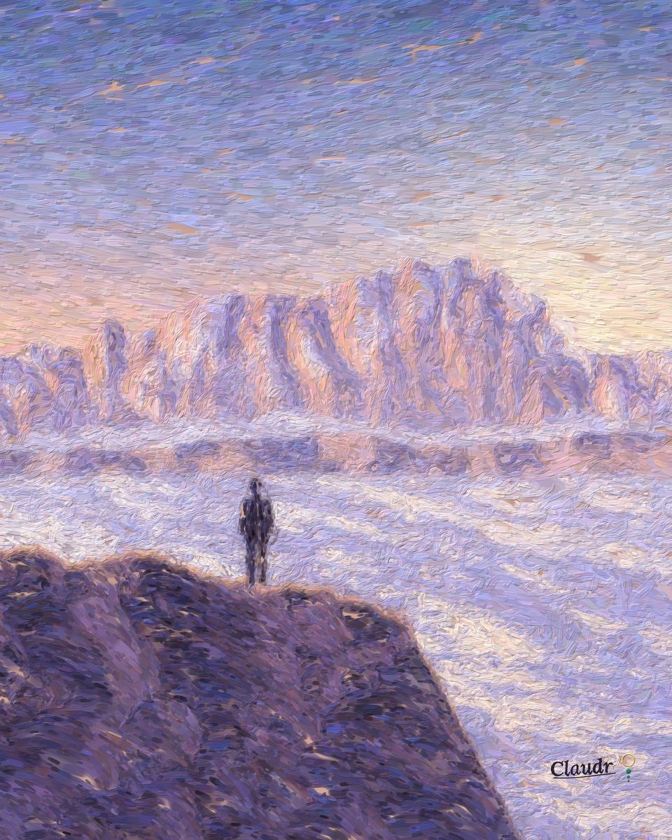 A lone figure seen from behind stands on a rock outcrop above a sea of clouds, facing a range of pink, sunlit peaks at dawn.