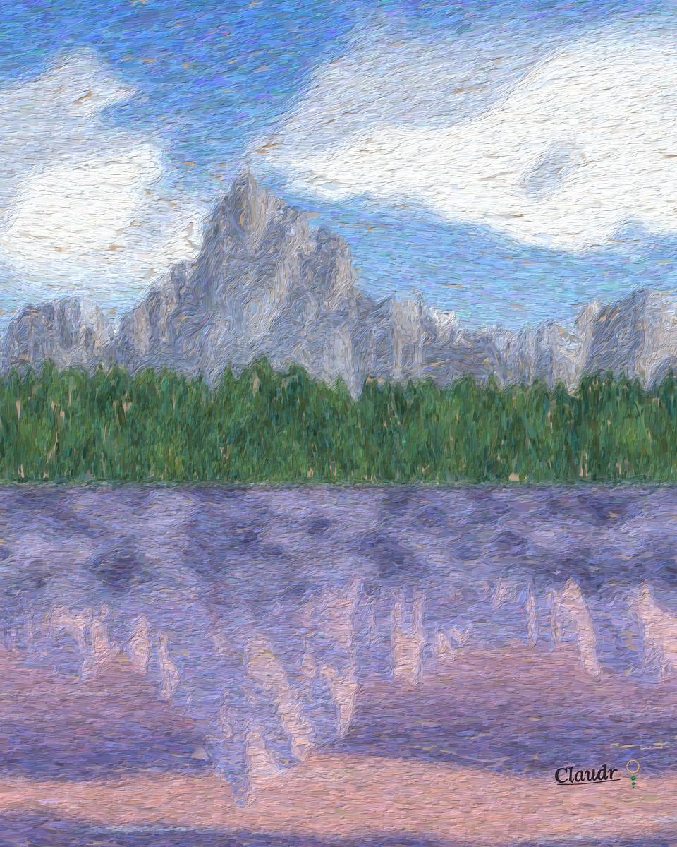 A mountain lake: above the shoreline a green summer forest and peak under white clouds; in the reflection below, the same mountain and trees in winter snow under a rose and violet sky.